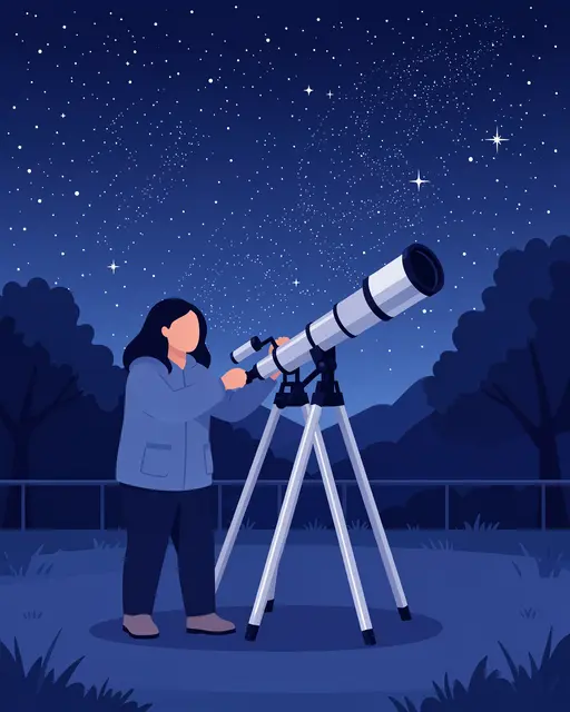 Faceless astronomer adjusts a telescope under a starry indigo night sky in a backyard