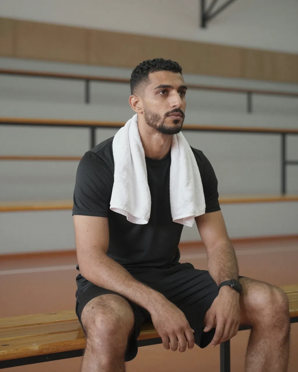 Middle Eastern man rests on a gym bench with a towel around his neck in an empty sports hall