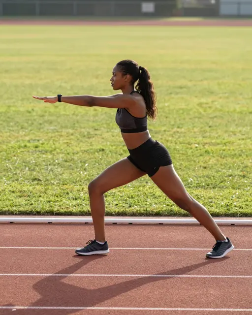 Side view of a young Black woman stretching on a running track next to a grass infield in morning light