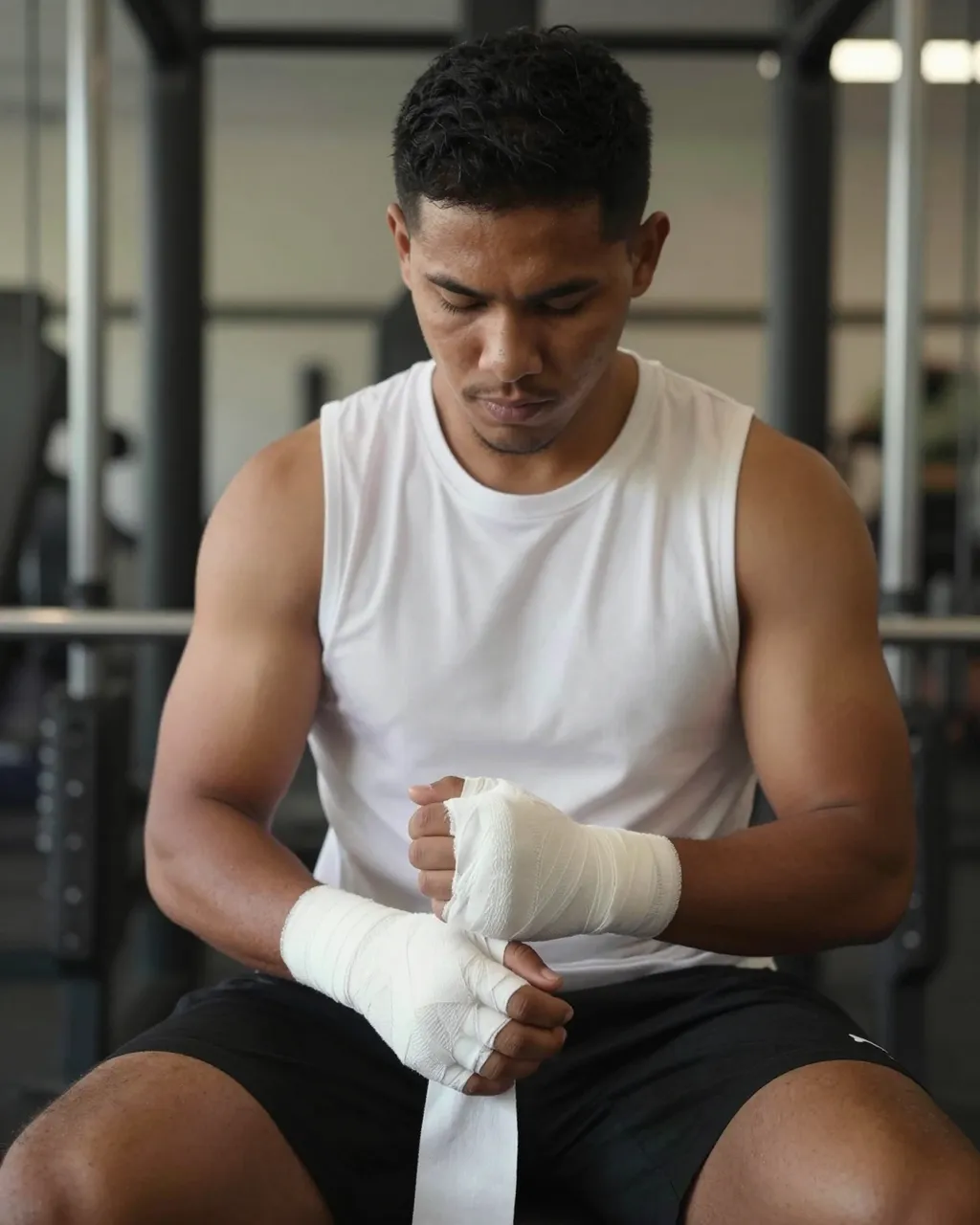 Pacific Islander man in his twenties wraps his hands in white hand wraps while seated in a gym.