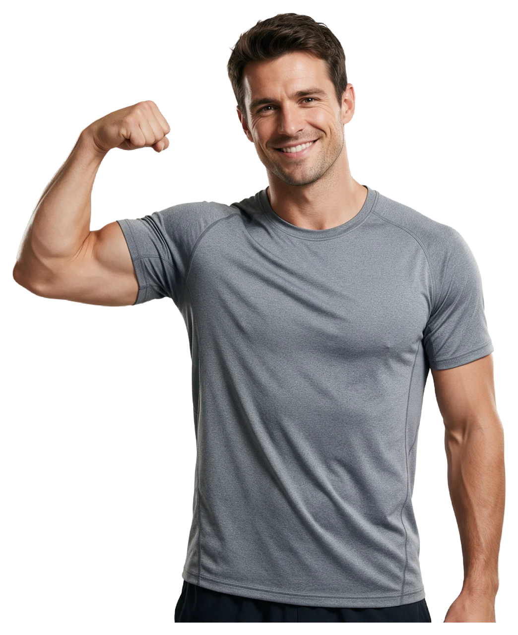 Smiling athletic man in a grey sports t-shirt flexes his right bicep at the camera