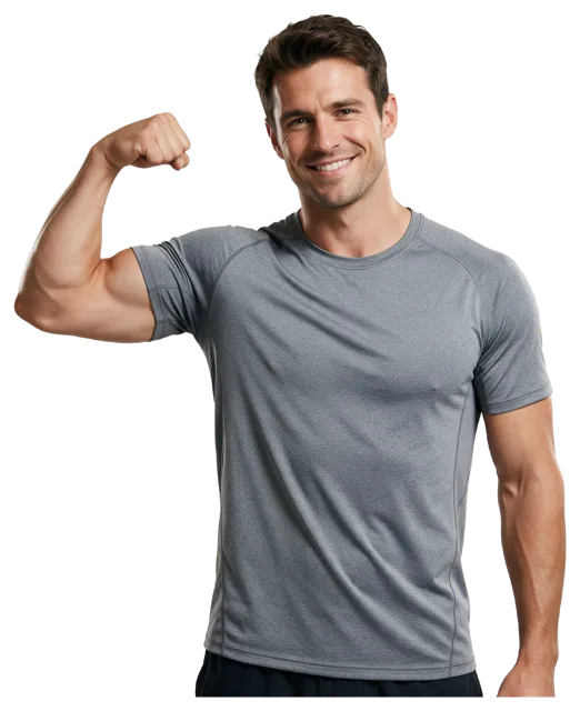 Smiling athletic man in a grey sports t-shirt flexes his right bicep at the camera