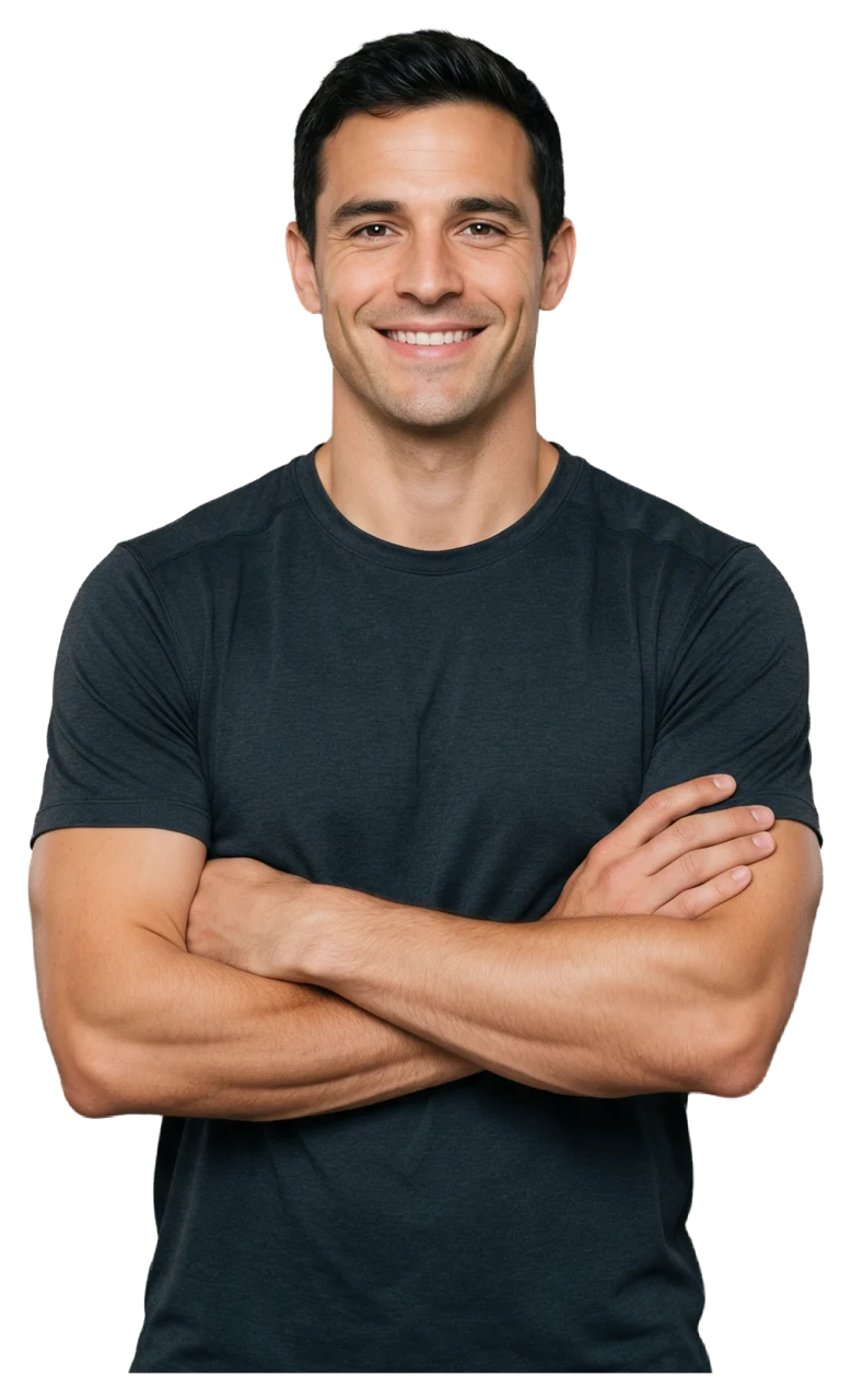Athletic adult man in a charcoal t-shirt smiles warmly with his arms crossed looking at the camera