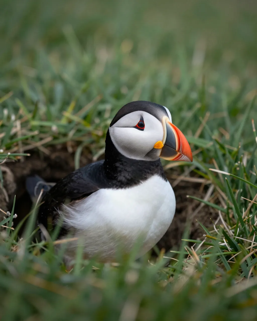 An atlantic puffin stands partially out of its grassy burrow, head turned to the side, surrounded by green vegetation.