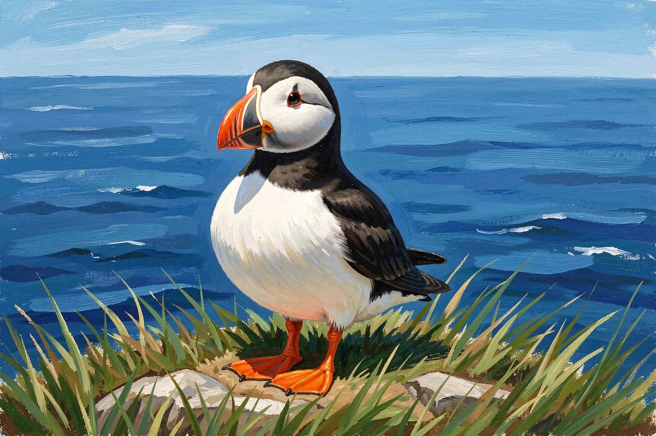 Gouache painting of an Atlantic puffin standing on a grassy rocky clifftop above a blue ocean under a pale sky