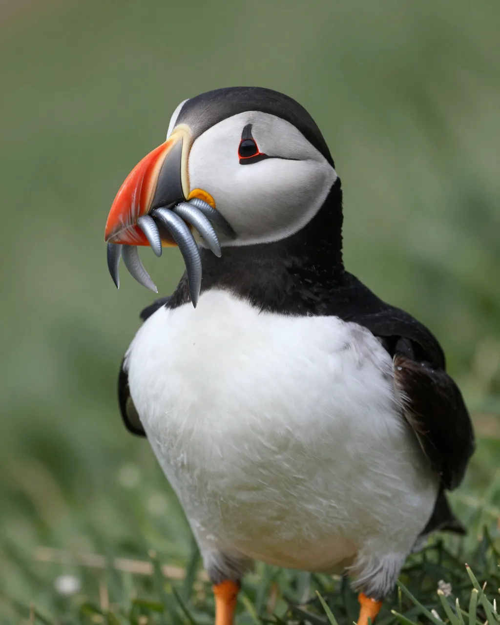 Close-up of an Atlantic puffin holding silver sand eels in its colorful orange beak while standing on grass