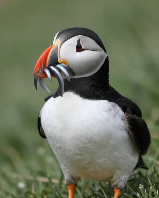 Close-up of an Atlantic puffin holding silver sand eels in its colorful orange beak while standing on grass