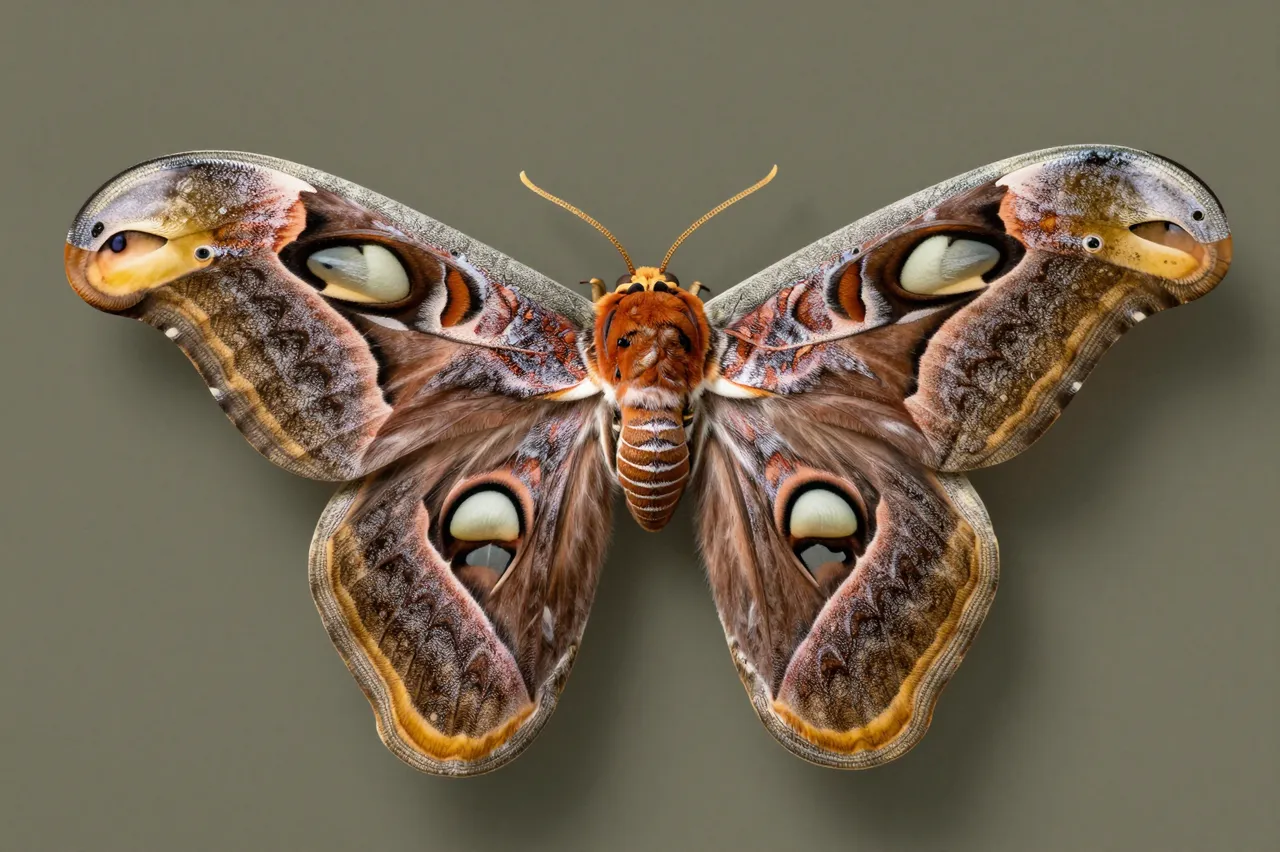 A detailed atlas moth rests with fully spread patterned wings against a muted olive gray background