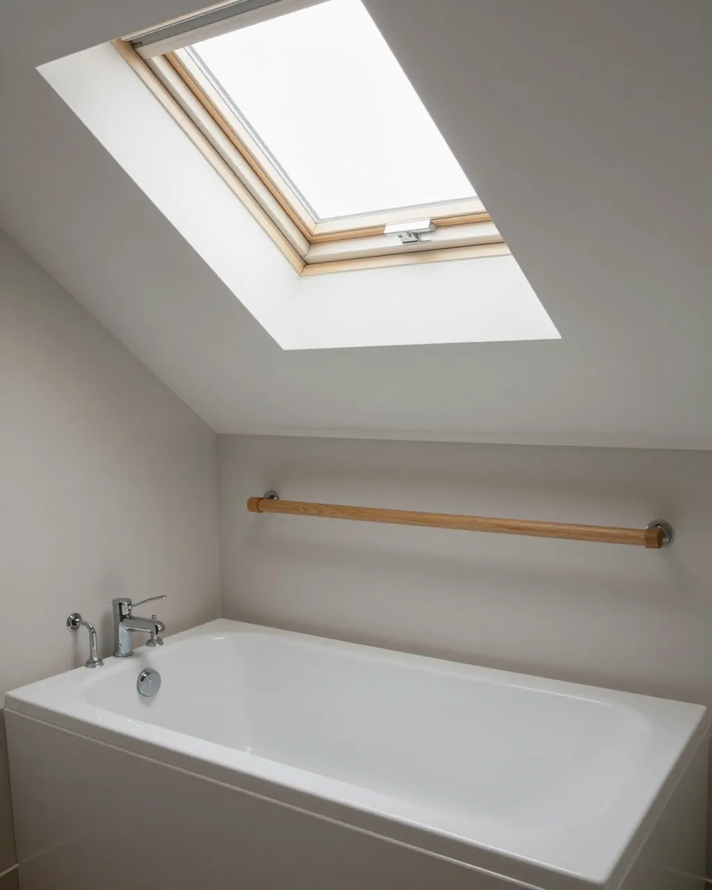Minimalist attic bathroom featuring a sloped ceiling, overhead skylight, white tub and wooden towel rail