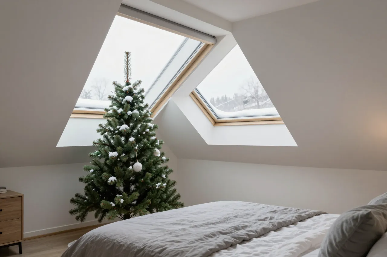 Cozy attic bedroom with a small snow-dusted Christmas tree next to a bed beneath snow-covered skylights