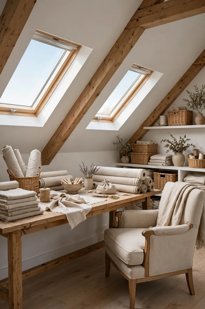 Sunlit attic craft room with wooden worktable, linen rolls, armchair and skylights