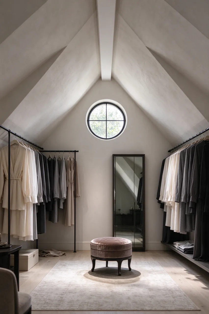Minimalist attic dressing room with garment rails, round window and velvet ottoman under sloped ceilings