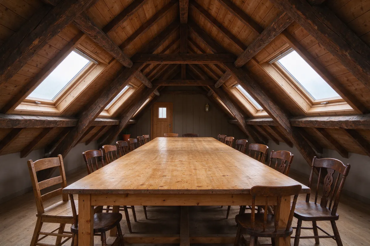 Empty attic meeting room with exposed wooden beams, long pine table, mismatched chairs and skylights
