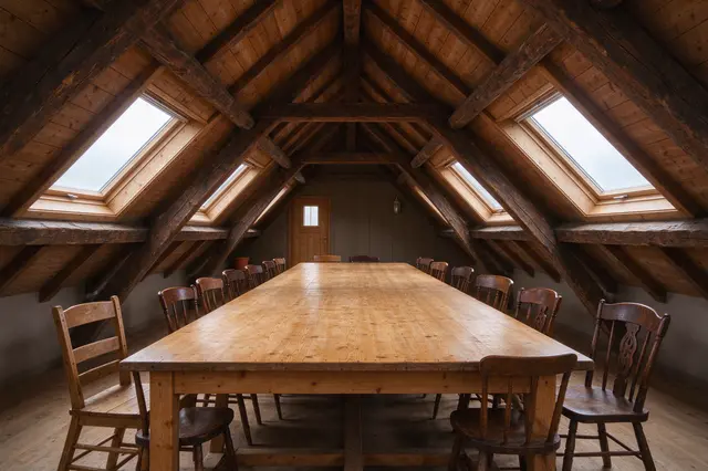 Empty attic meeting room with exposed wooden beams, long pine table, mismatched chairs and skylights