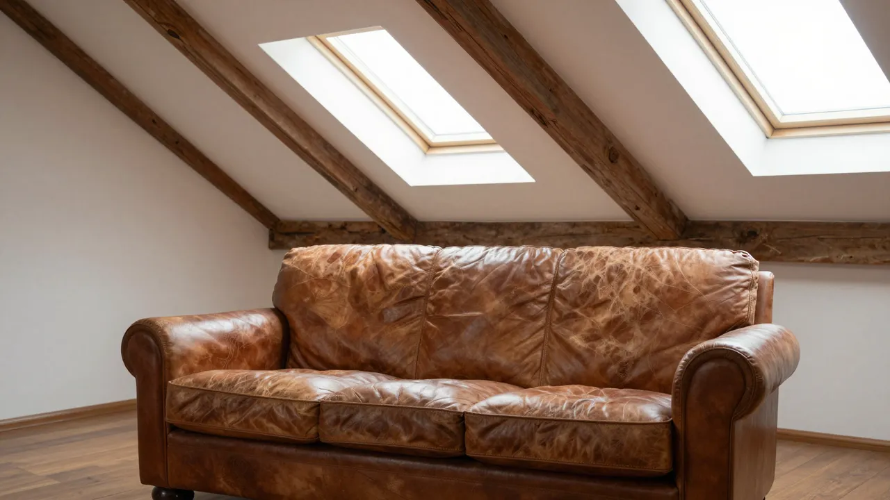 A worn brown leather sofa sits beneath skylights in a timber-beamed attic interior