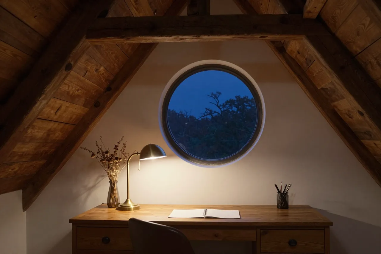Wooden attic desk with brass lamp under a round night window in a timber framed study