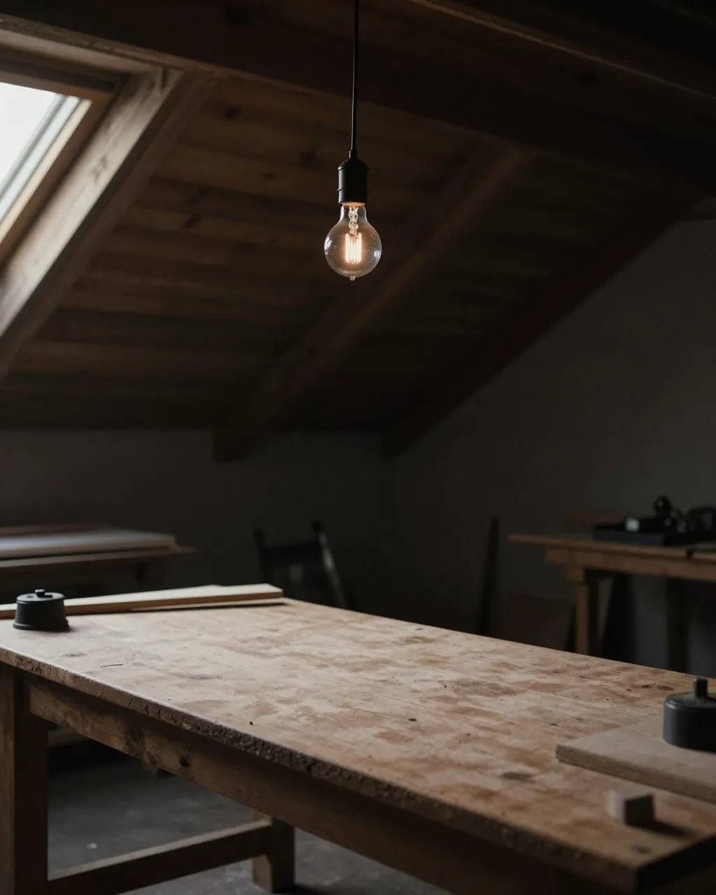 A lit vintage hanging bulb hangs over a worn wooden workbench in a dark moody attic workshop