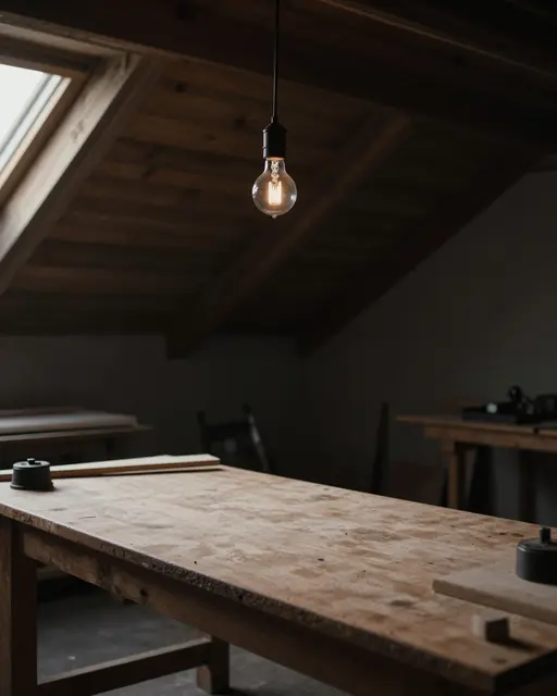 A lit vintage hanging bulb hangs over a worn wooden workbench in a dark moody attic workshop