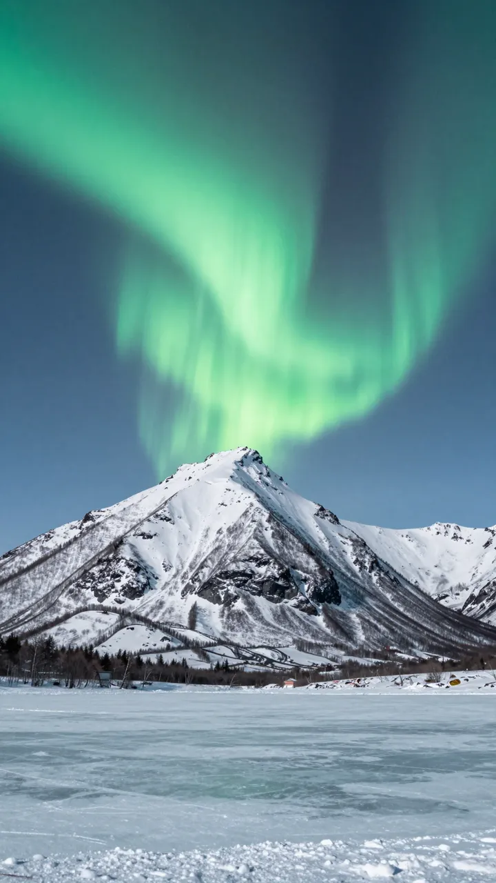 Green aurora arc glows above a snowy mountain and frozen lake under a clear sky