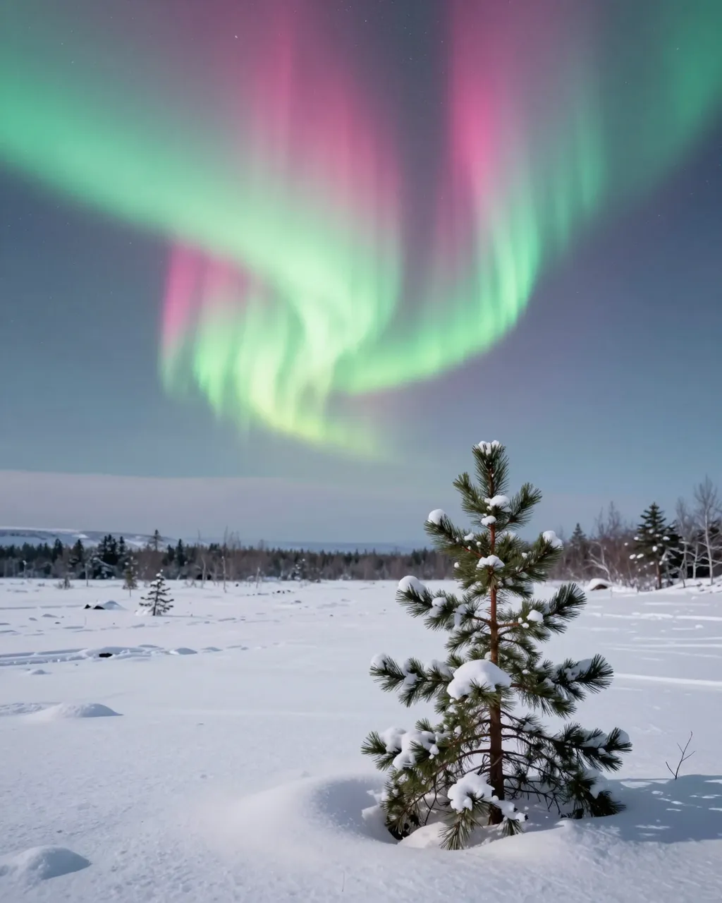Pink and green aurora swirls over a snow-covered lone pine on frozen arctic tundra