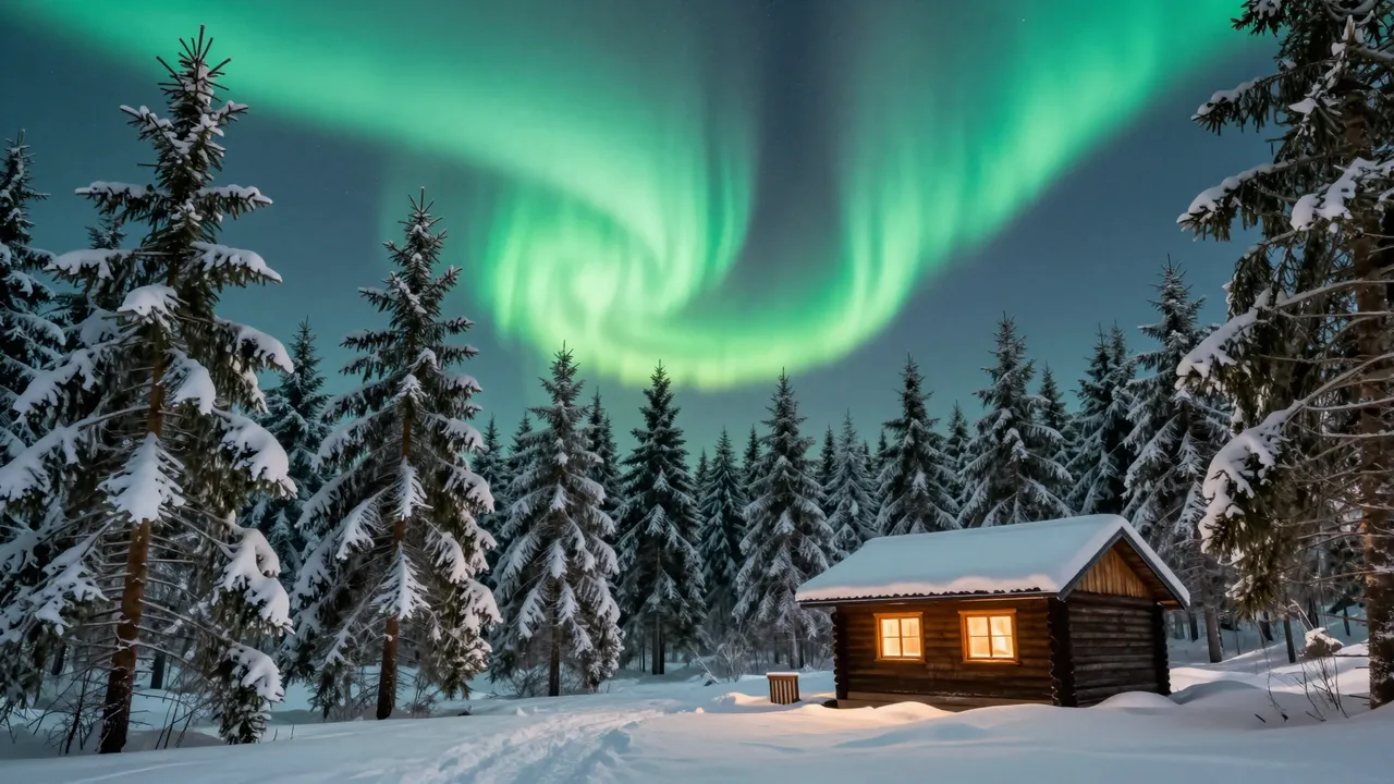 Swirling green northern lights glow over a lit wooden cabin in a snow-covered spruce forest
