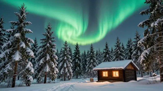 Swirling green northern lights glow over a lit wooden cabin in a snow-covered spruce forest