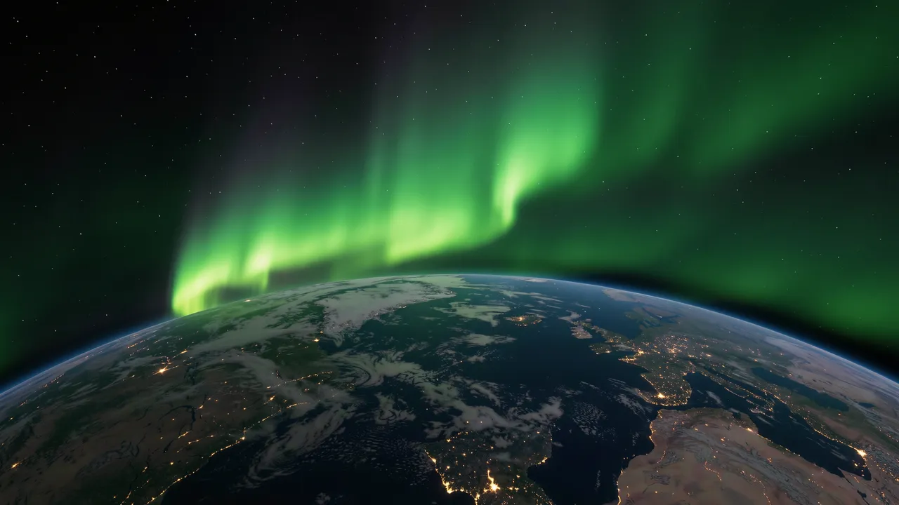 Bright green aurora arcs above the curved night side of planet Earth viewed from orbital space