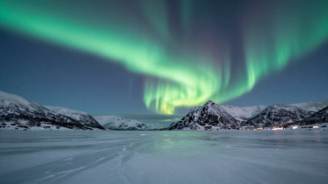 Swirling green aurora borealis arcs over snow-capped mountains and a smooth frozen fjord at night