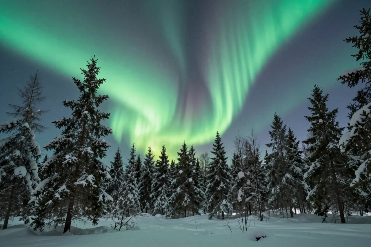 Bright green aurora arcs across a dark sky above a snow-covered conifer forest