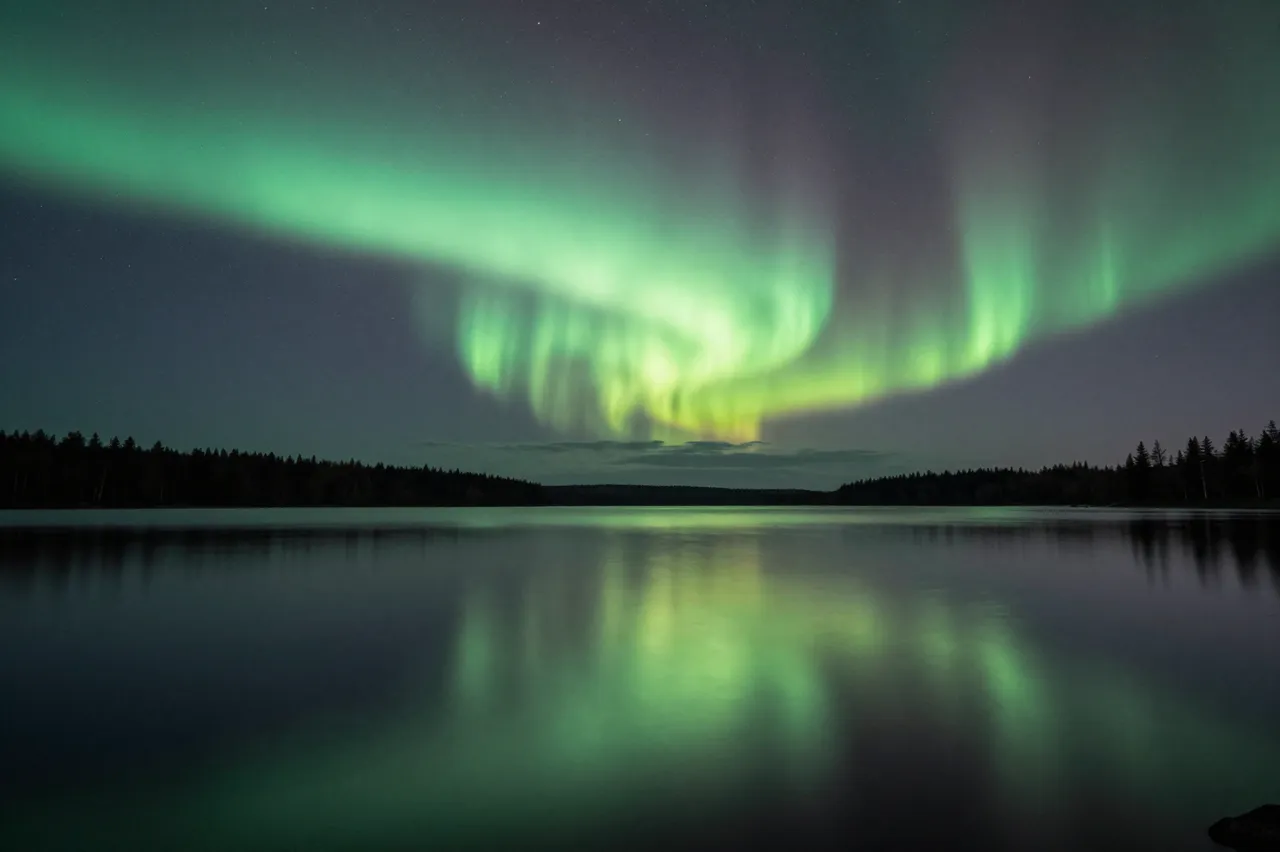 Bright green northern lights arc across the night sky, reflected in a calm still lake lined with dark coniferous forest.