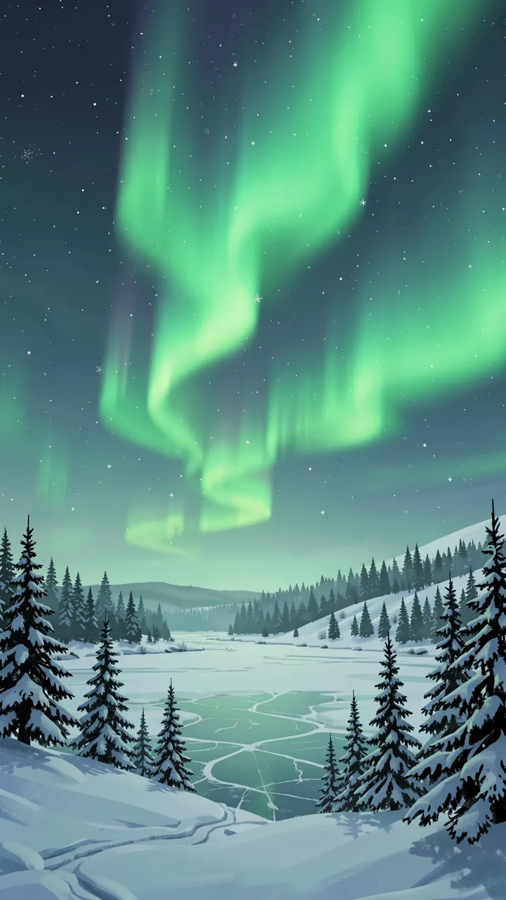 Bright green northern lights arc over a frozen snow-covered lake and snowy spruce trees under a starry night sky