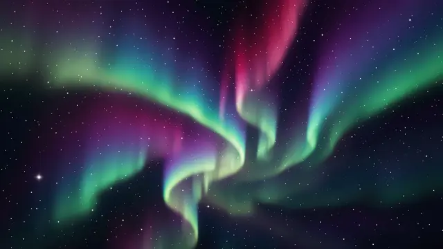 Swirling, colorful aurora light ribbons drift across a dark star-filled deep space sky