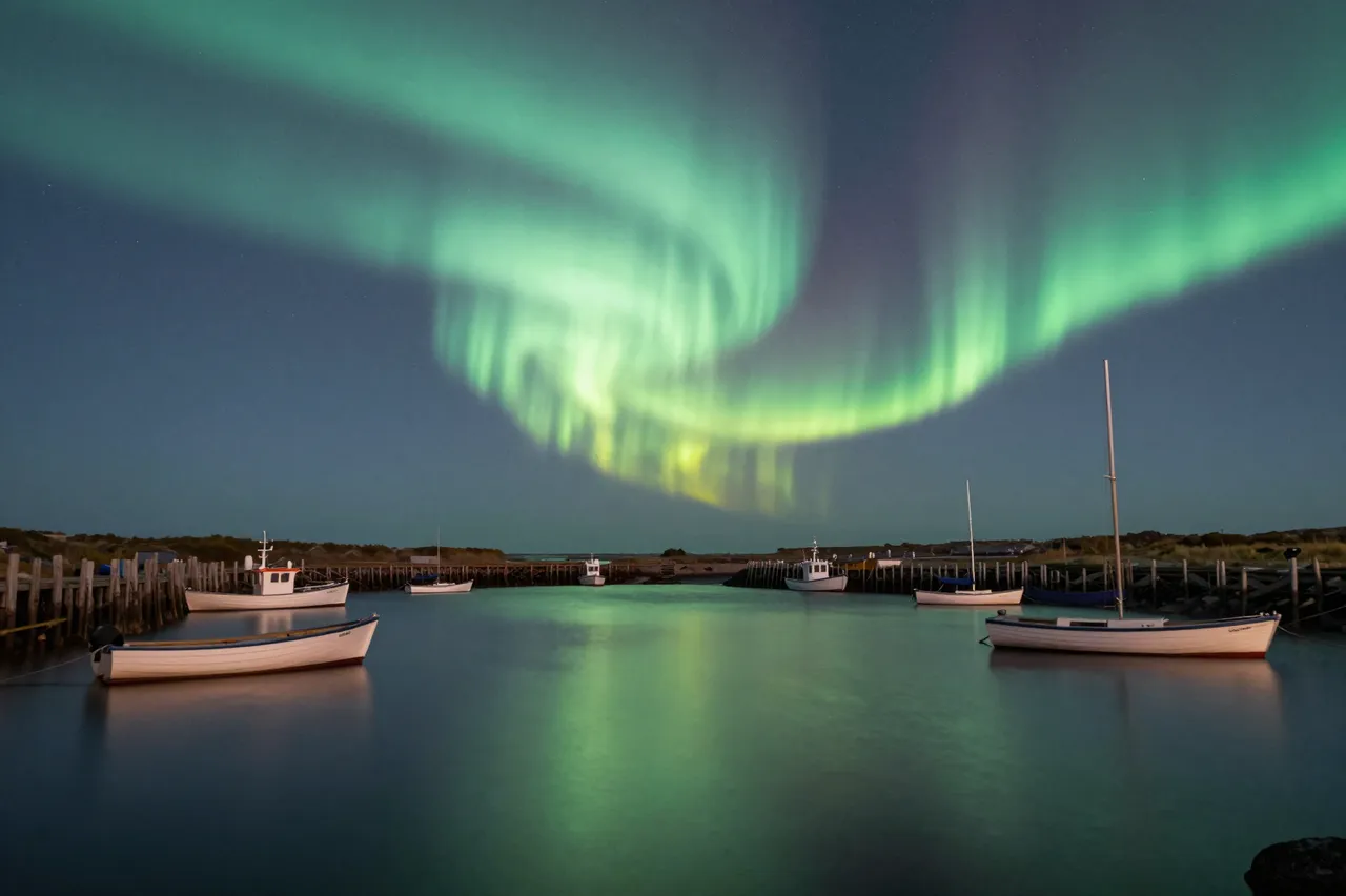 Glowing green aurora borealis arcs over calm harbor water with moored small wooden boats.
