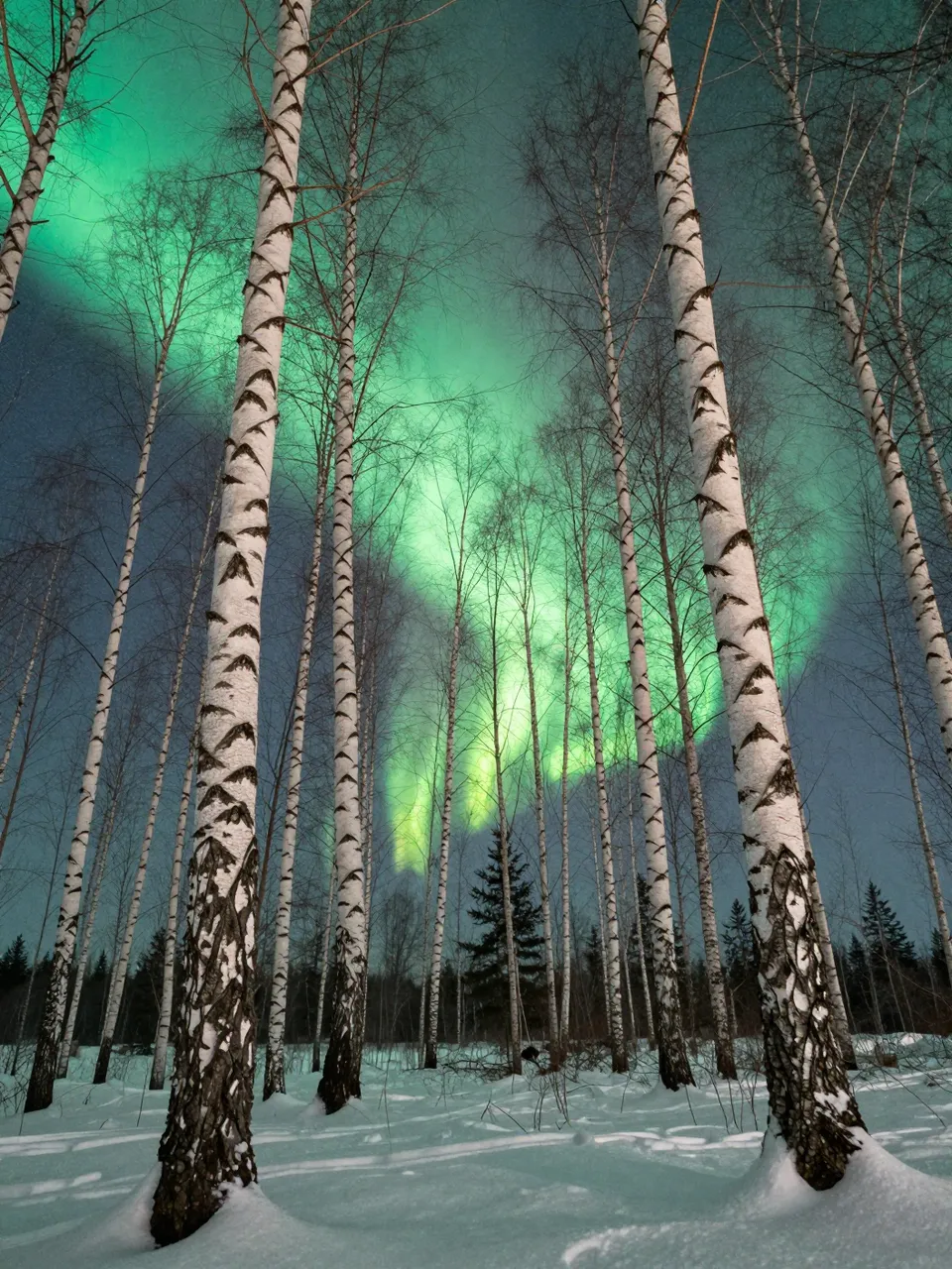 Green northern lights glow above tall bare birch trees in a snow-covered winter forest