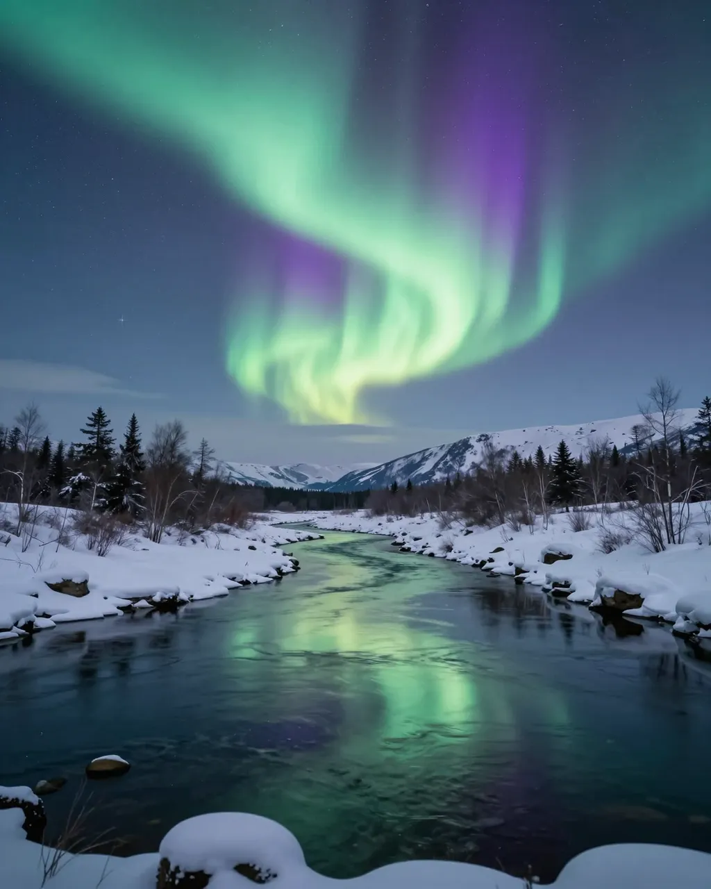 Green and purple aurora borealis arcs over a winding unfrozen river in a snow-covered mountain valley at night