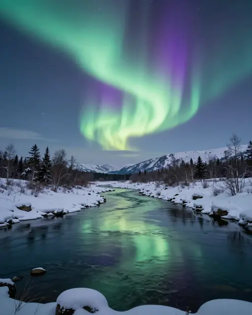 Green and purple aurora borealis arcs over a winding unfrozen river in a snow-covered mountain valley at night