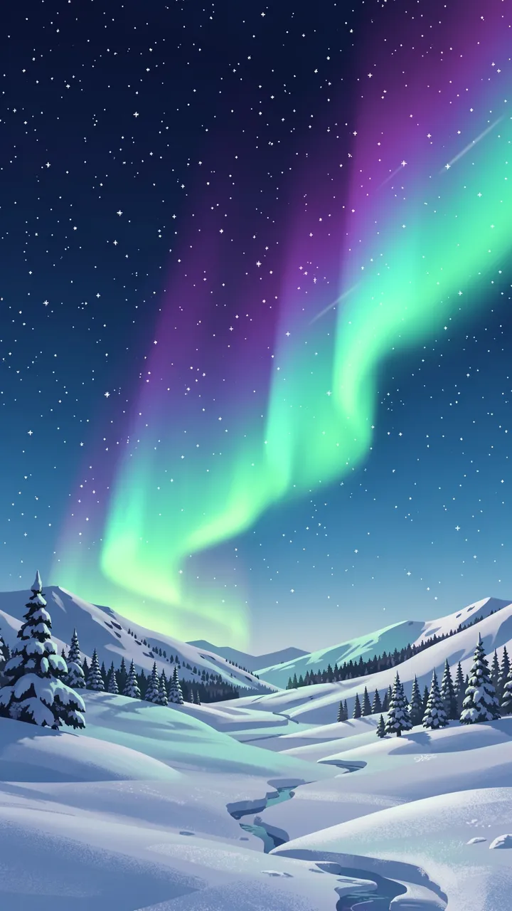 Glowing purple and green aurora arcs over a starry night sky above a snow-covered arctic valley