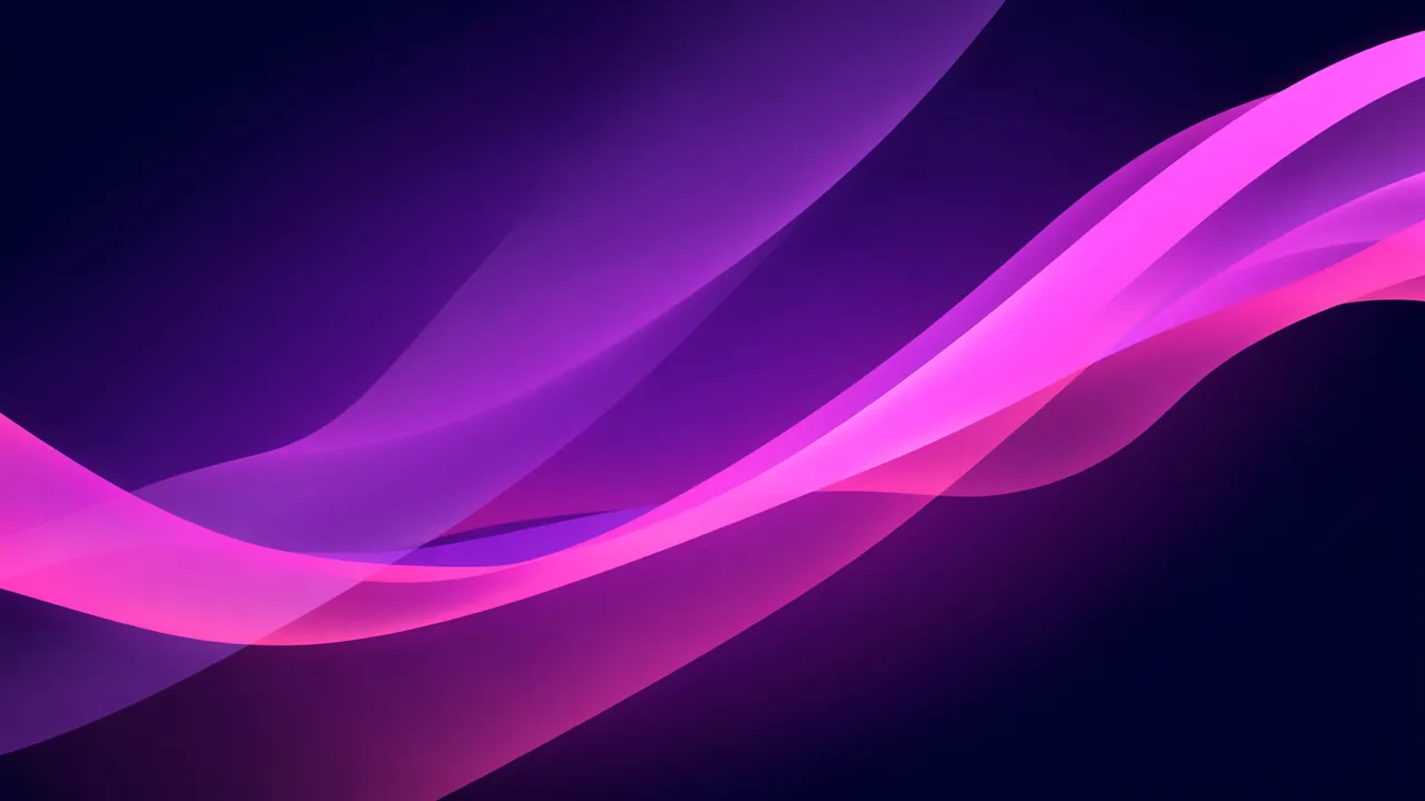 Smooth translucent violet and bright pink flowing ribbon shapes overlap on a deep navy background