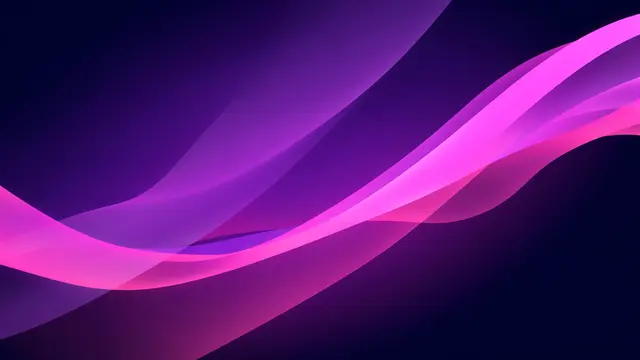 Smooth translucent violet and bright pink flowing ribbon shapes overlap on a deep navy background