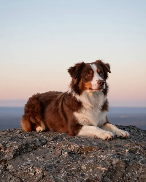 Red tricolor Australian Shepherd lies on a rocky outcrop beneath a soft gradient sunset sky