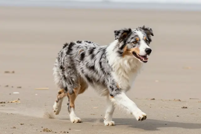 A merle Australian shepherd walks across smooth sandy beach terrain on a bright calm day.