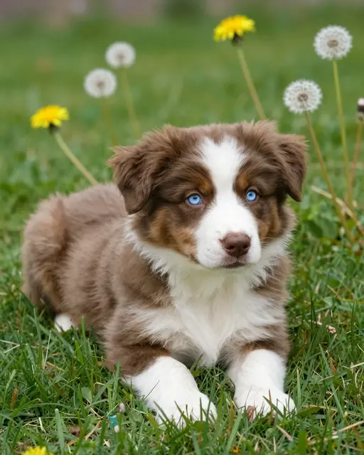 Fluffy red merle Australian Shepherd puppy with bright blue eyes lies on grass surrounded by dandelions