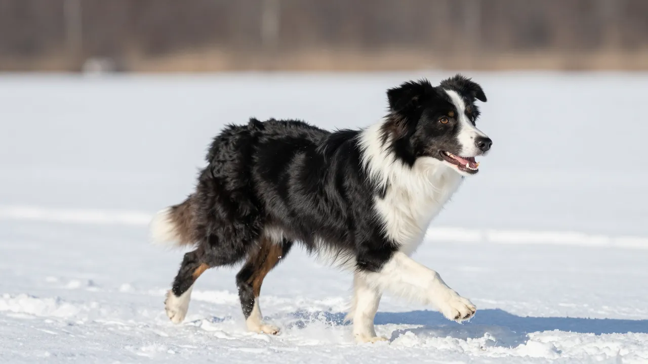 Fluffy tricolor Australian Shepherd trots across a bright snowy field in side view