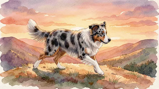 Watercolor illustration of a merle Australian Shepherd running along a grassy hilltop at warm sunset