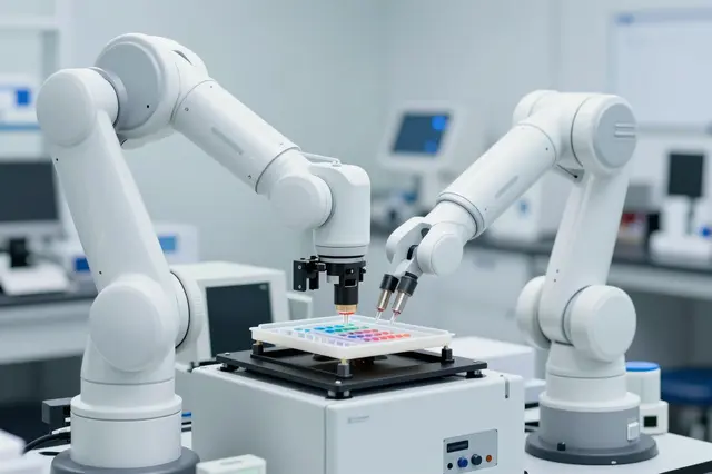 Two white robotic arms work with a colorful sample tray inside a bright clean laboratory.