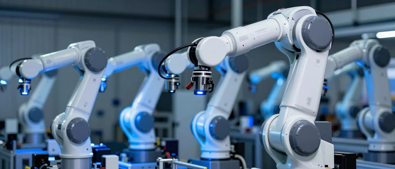 Row of white industrial robotic arms lit with cool blue light inside a factory at night