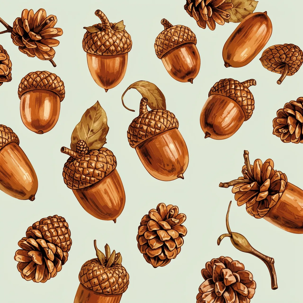 Hand-painted acorns and pinecones arranged in a repeating pattern on a pale sage background