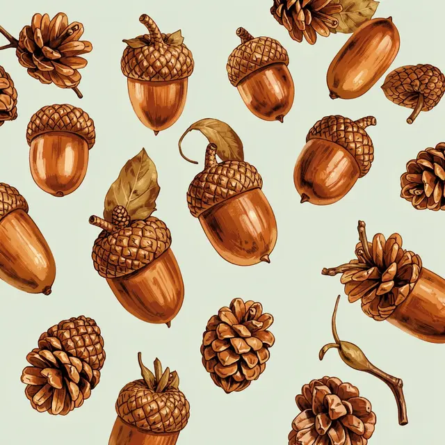 Hand-painted acorns and pinecones arranged in a repeating pattern on a pale sage background