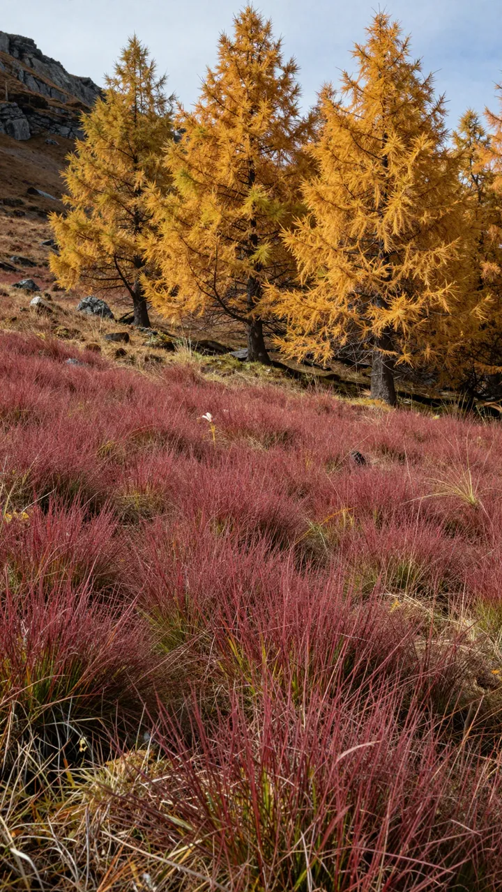 Golden larches stand above russet alpine grasses under a pale clear sky in autumn