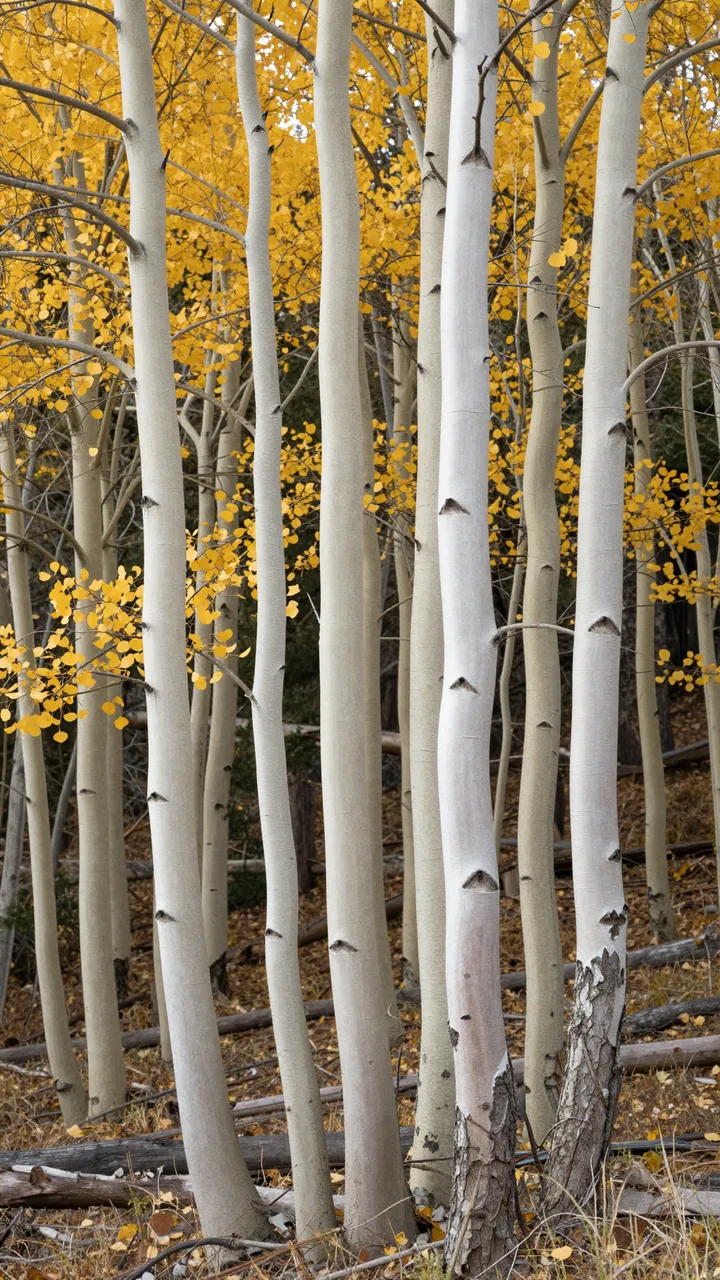 Tall white-trunked aspen trees with bright golden fall leaves fill a quiet forest understory.